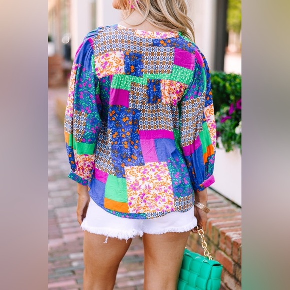 Fate Multicolor Patchwork Women's 3/4 Sleeve Top Size Medium NWT - Picture 3 of 13